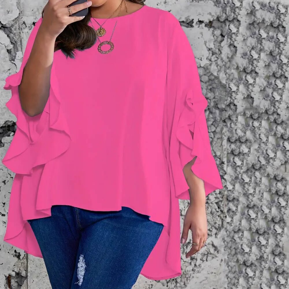 High Low Hem Flared Ruffled Sleeve Blouse Top